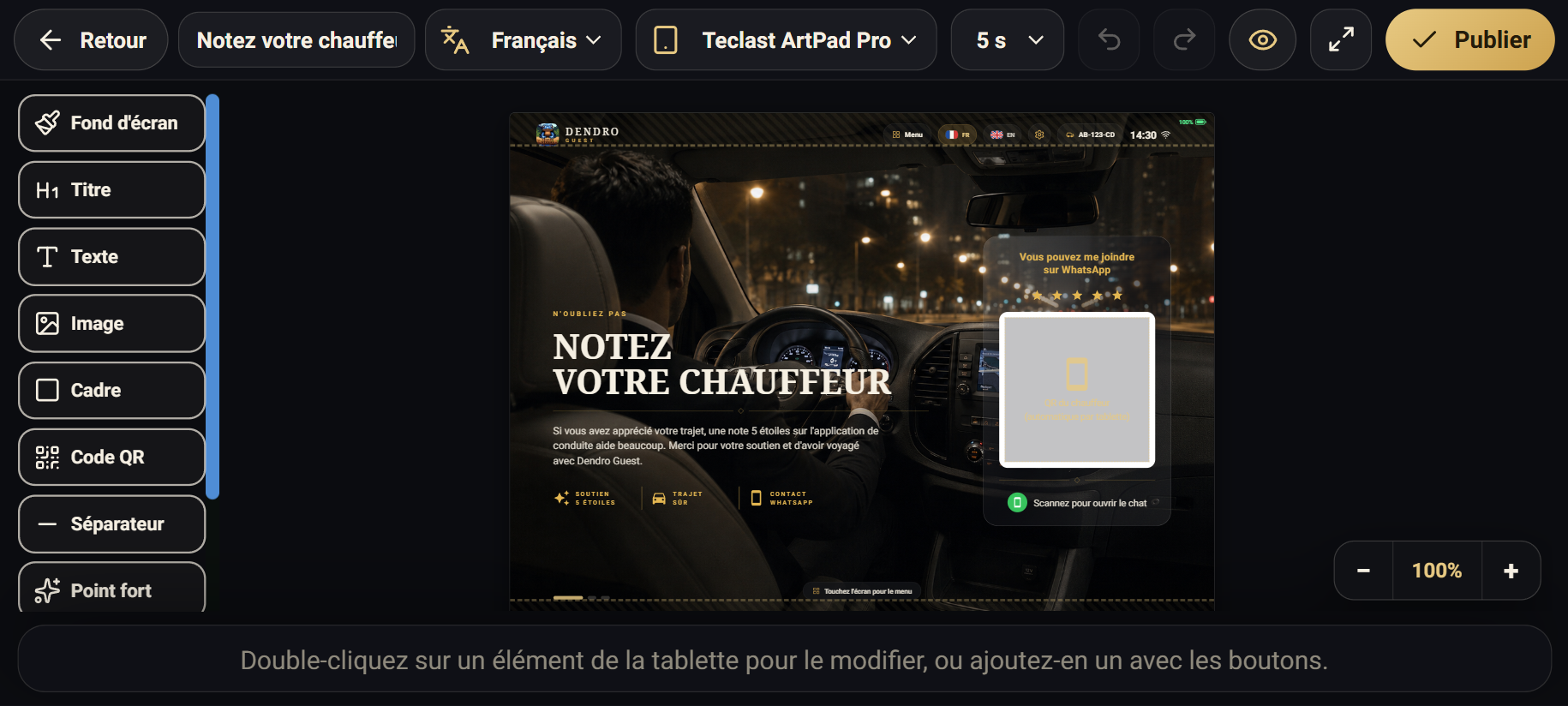 L'éditeur AdCreator : palette d'éléments à gauche, aperçu de la tablette au centre, barre d'outils en haut avec le bouton Publier.