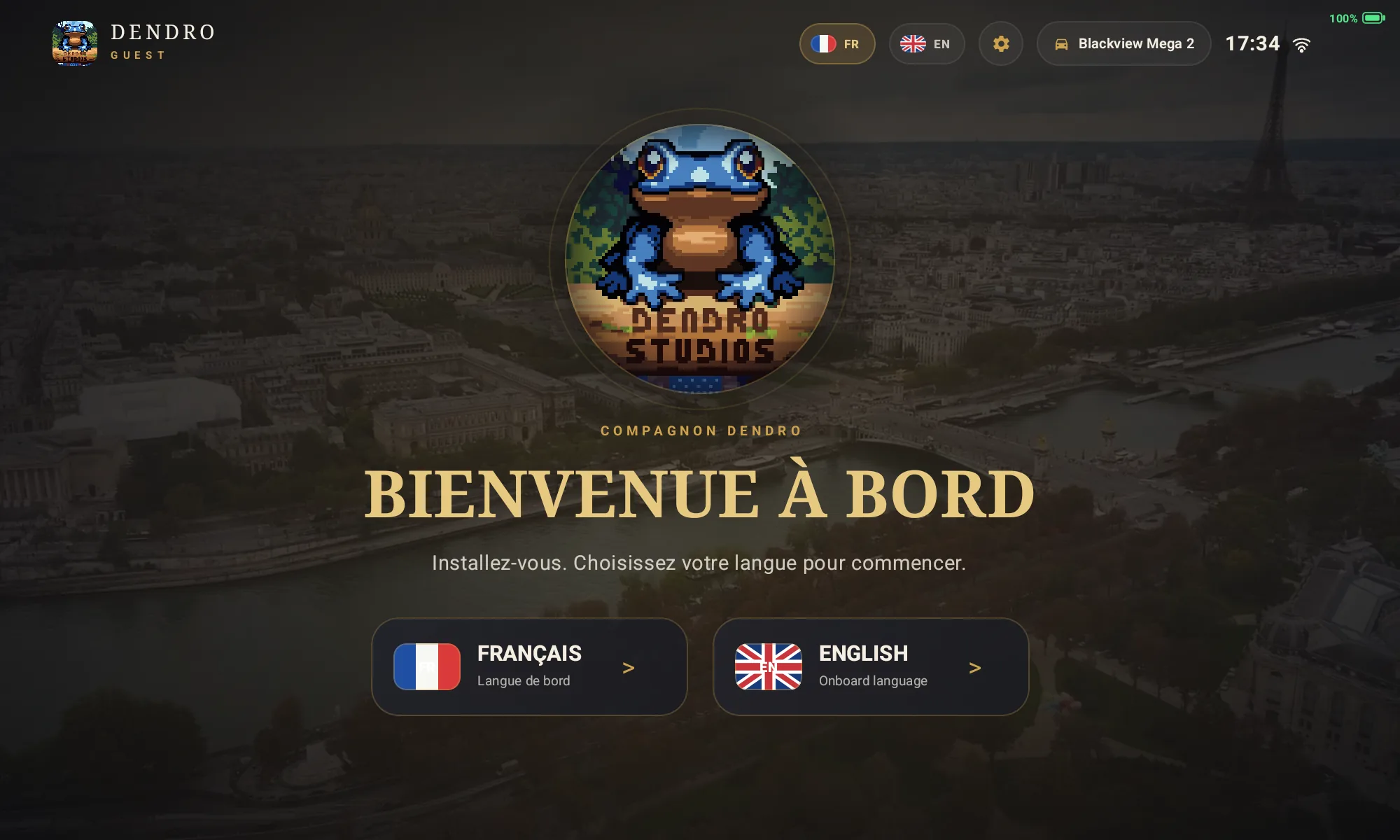 Écran d'accueil de la tablette : titre BIENVENUE À BORD et deux boutons de langue, Français et English.